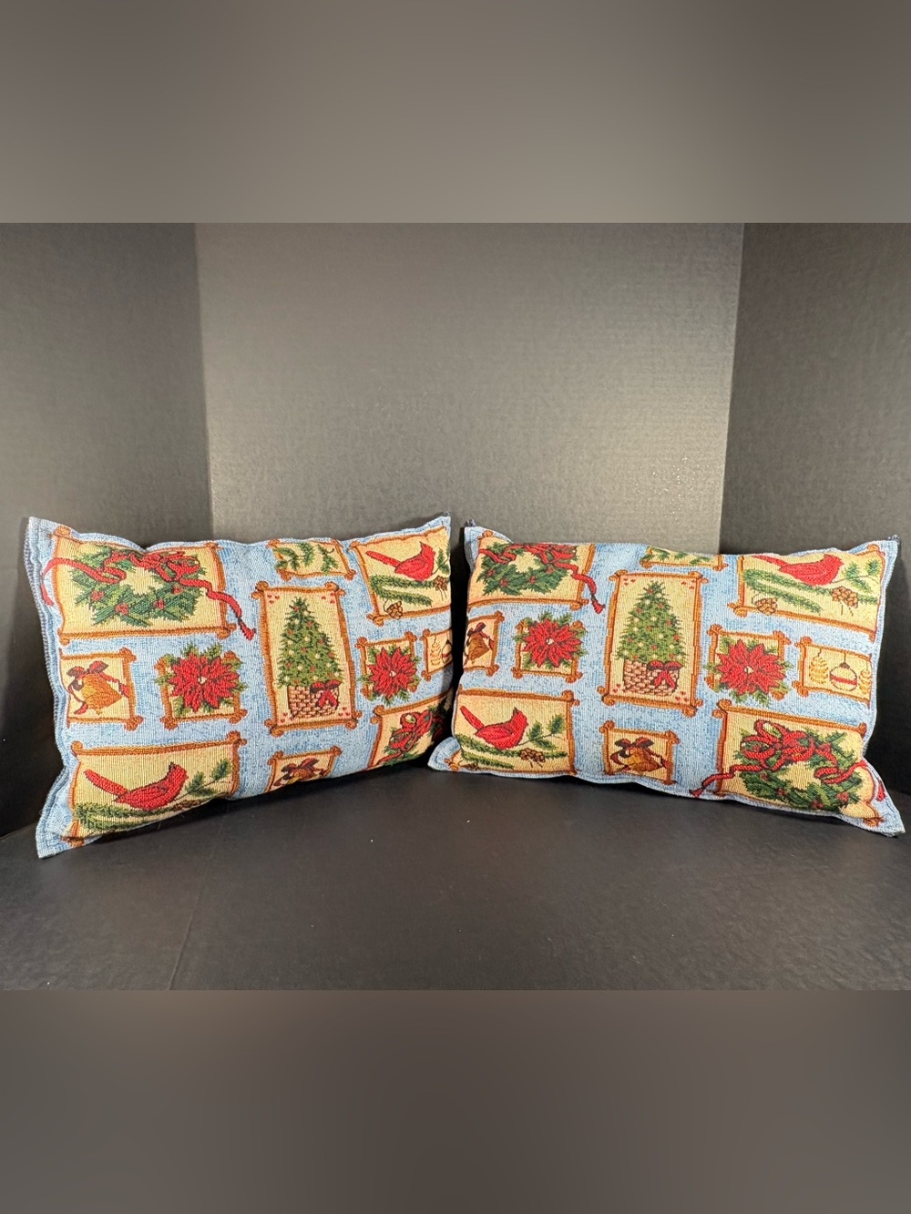 Set of 2 Christmas Tapestry Cardinal Throw Pillows 17x15
